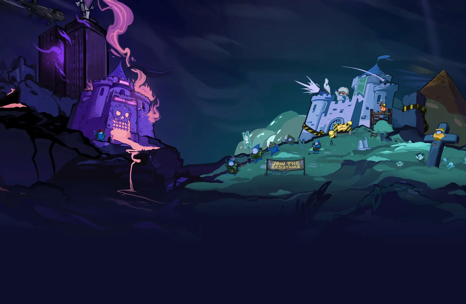 Duel night artwork — castles and purple smoke