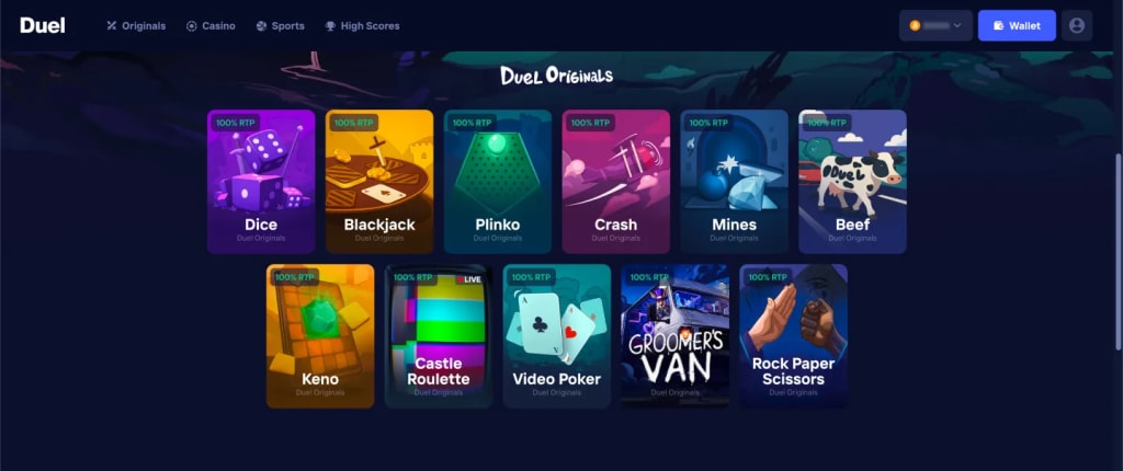 Duel Originals lobby with the in-house games on a phone
